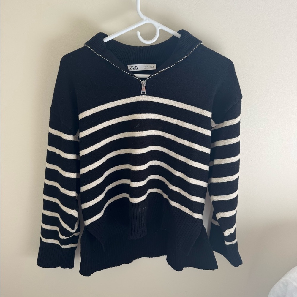 Zara Black and White Striped Cowl Neck Sweater